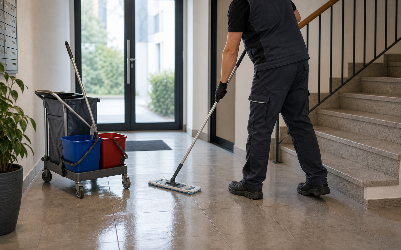 FMFK Gebäudereinigung im Treppenhaus einer Wohnanlage