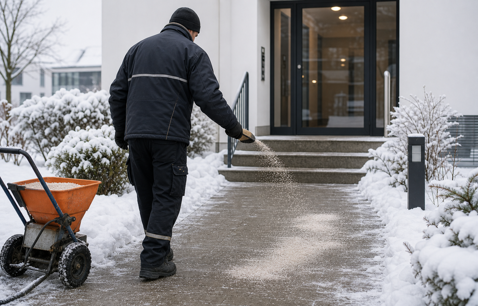 FMFK Winterdienst an einem geräumten Gebäudeeingang